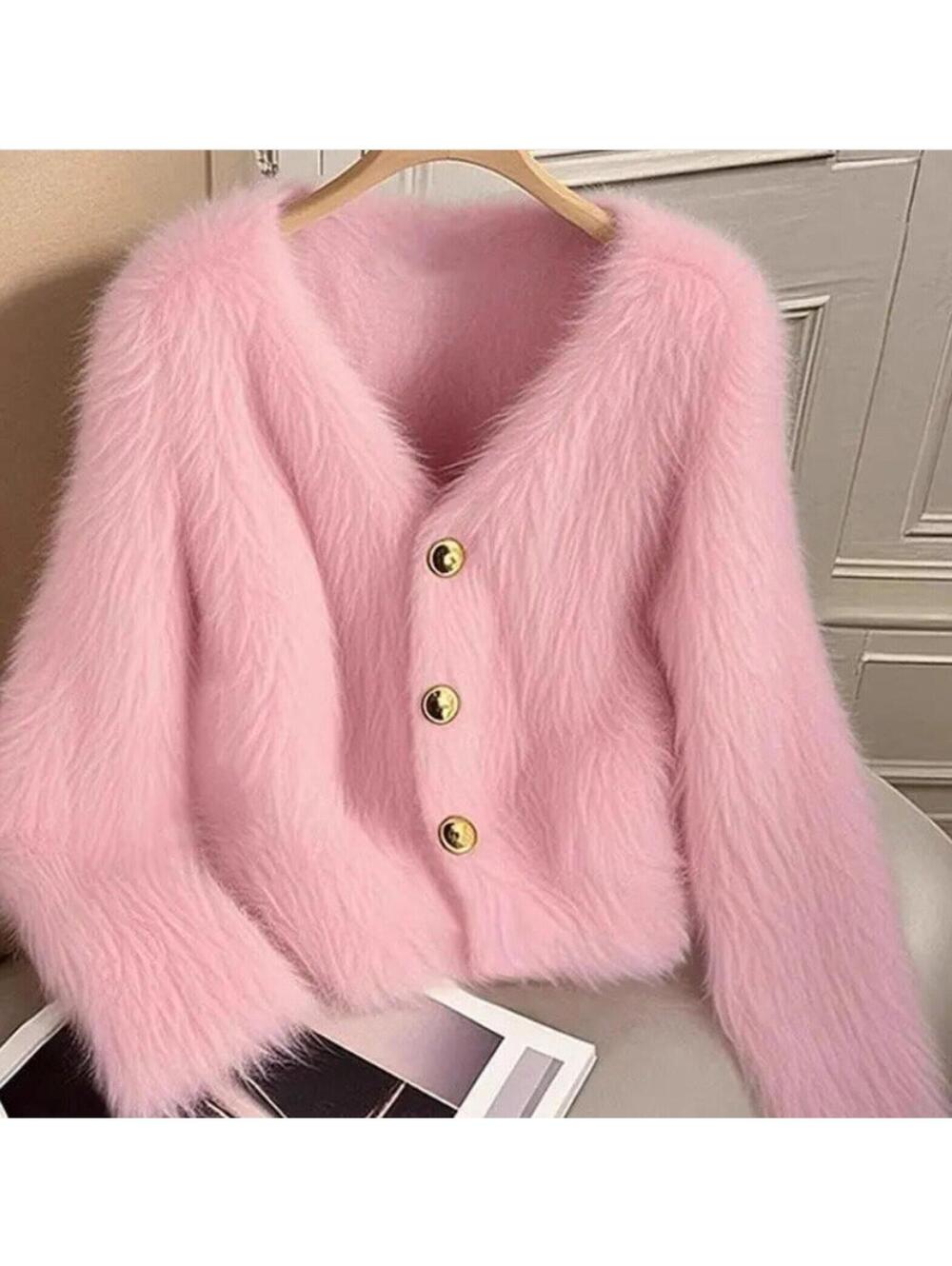 New Pink Faux Mink Size Large Sweater Button Down Retro Cardigan Top Barbie